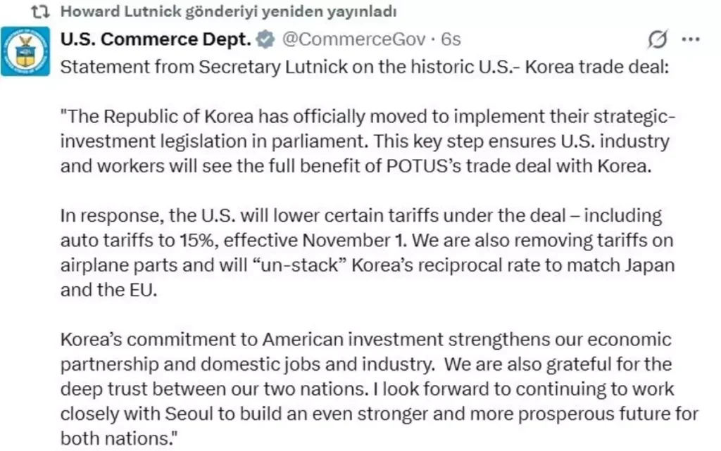 ABD, Güney Kore ile Ticaret Anlaşmasını Geliştiriyor