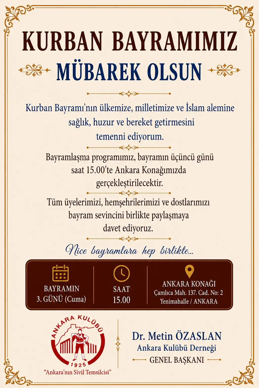 Ankara Kulübü’nden Geleneksel Bayramlaşma programı daveti